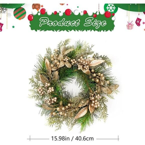 Christmas Pine Wreath ,16 Inch Front Door Wreath with Gold Berry Leaves - Picture 5 of 7